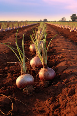 Onions on ground in the farm.の素材