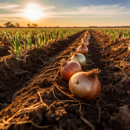 Onions on ground in the farm.の素材