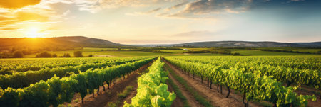 Panorama view of Green field with rows of vines. Ripe grapes for the production of fine wines.の素材