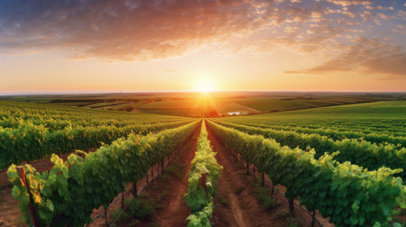 Panorama view of Green field with rows of vines. Ripe grapes for the production of fine wines.の素材