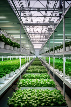 Agricultural greenhouse with hydroponic shelves, Hydroponics farm in building with high technology farming. Agricultural technology concept.の素材