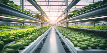 Agricultural greenhouse with hydroponic shelves, Hydroponics farm in building with high technology farming. Agricultural technology concept.の素材