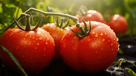 Big red tomatoes soaked with water droplets on organic farm tomato plant.の素材