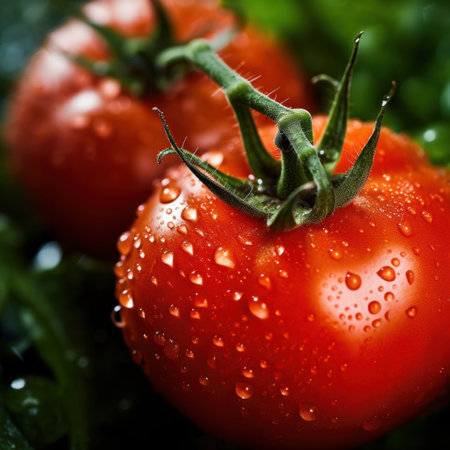 Big red tomatoes soaked with water droplets on organic farm tomato plant.の素材
