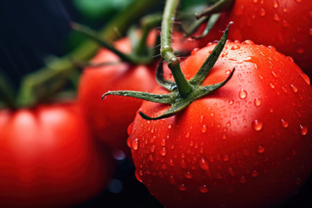 Big red tomatoes soaked with water droplets on organic farm tomato plant.の素材