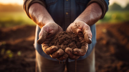 Close up hand of a Farmer holding soil.の素材