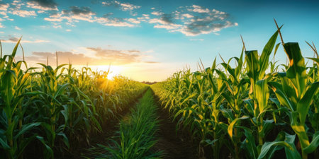 Corn field with blue sky and clouds.の素材