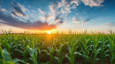 Corn field with blue sky and clouds.の素材