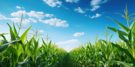 Corn field with blue sky and clouds.の素材