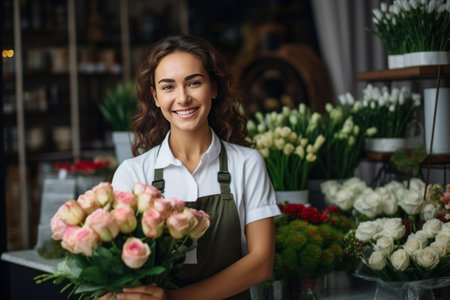 A cheerful young saleswoman is waiting for customers of the flower shop. Small business owner concept.の素材