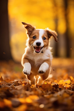 A funny happy cute dog puppy running, smiling in the leaves. Autumn fall background.の素材
