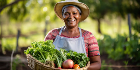 A happy farmer mature woman holding a basket of freshly picked vegetables and smiling.の素材