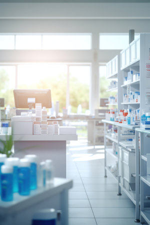 A pharmacy store. Pharmacist and medicine concept. Blurred background.の素材