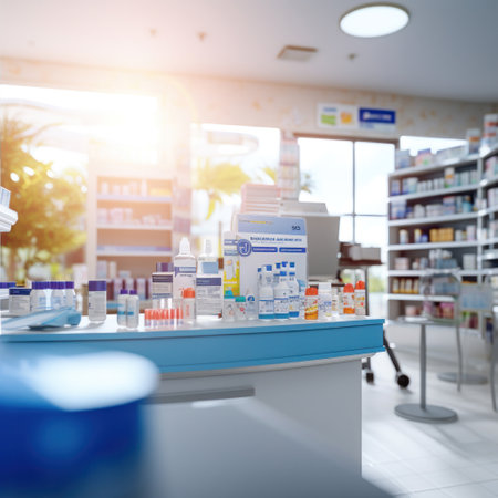 A pharmacy store. Pharmacist and medicine concept. Blurred background.の素材