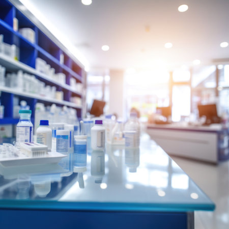 A pharmacy store. Pharmacist and medicine concept. Blurred background.の素材