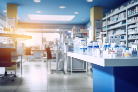 A pharmacy store. Pharmacist and medicine concept. Blurred background.の素材