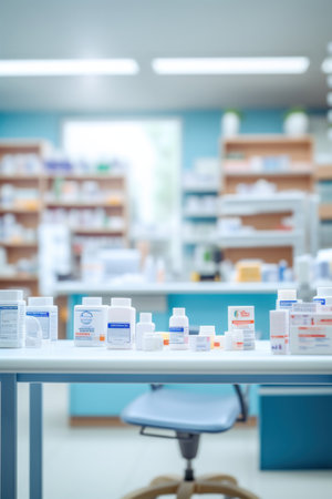 A pharmacy store. Pharmacist and medicine concept. Blurred background.の素材