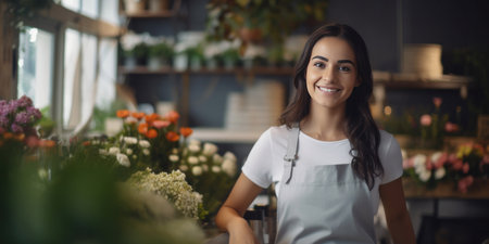 A happy woman standing in her flower shop. Cheerful young saleswoman is waiting for customers of the flower shop.の素材