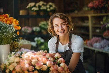 A happy woman standing in her flower shop. Cheerful young saleswoman is waiting for customers of the flower shop.の素材