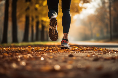 Close up of Feet of a jogger run up in autumn weather with leaves on the ground.の素材