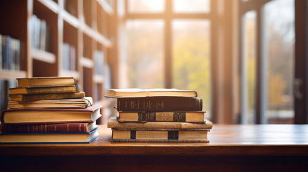Stack of Books and cantovars on wooden table and blurred bookshelf in library room.の素材