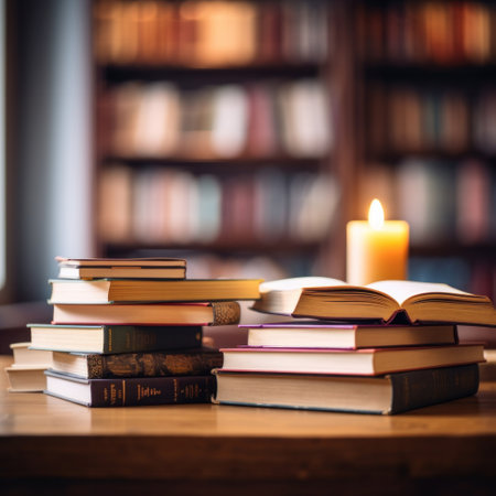 Stack of Books and cantovars on wooden table and blurred bookshelf in library room.の素材