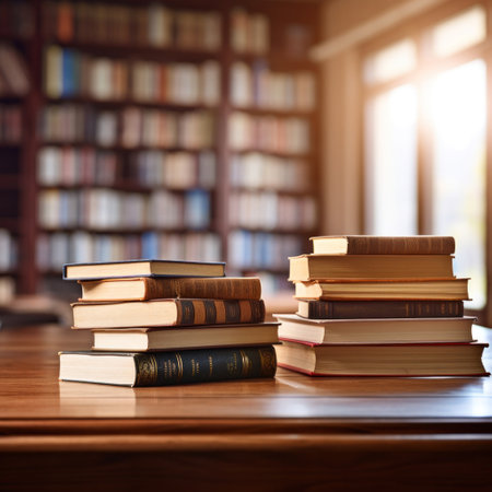 Stack of Books and cantovars on wooden table and blurred bookshelf in library room.の素材