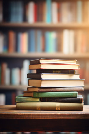 Stack of Books and cantovars on wooden table and blurred bookshelf in library room.の素材
