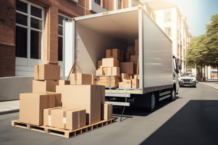 A truck full of moving boxes and furniture. Moving service concept.の素材