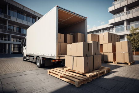 A truck full of moving boxes and furniture. Moving service concept.の素材
