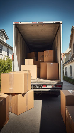 A truck full of moving boxes and furniture. Moving service concept.の素材