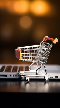 A miniature shopping cart standing in front of laptop, Online shopping concept.の素材