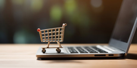 A miniature shopping cart standing in front of laptop, Online shopping concept.の素材