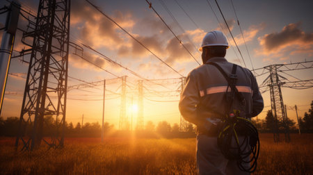 Electrical engineer working at high voltage pylon.の素材