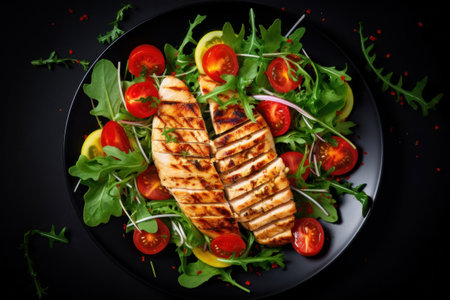 Grilled chicken breast, fillet and fresh vegetable salad of lettuce, arugula, spinach, cucumber and tomato. Healthy lunch menu. Top view.の素材