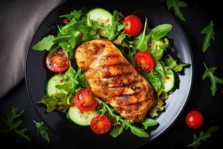 Grilled chicken breast, fillet and fresh vegetable salad of lettuce, arugula, spinach, cucumber and tomato. Healthy lunch menu. Top view.の素材