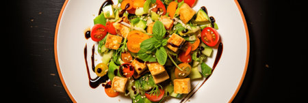 A vegan tofu salad with vegetables on white plate. Top viewの素材