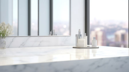 Empty marble table top for product display with blurred bathroom interior background. White bathroom interior.の素材