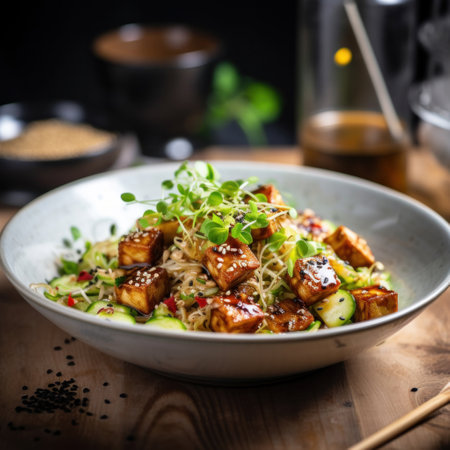 Fried tofu salad with sprouts and sesame seeds in white bowl. 
Vegan food.の素材