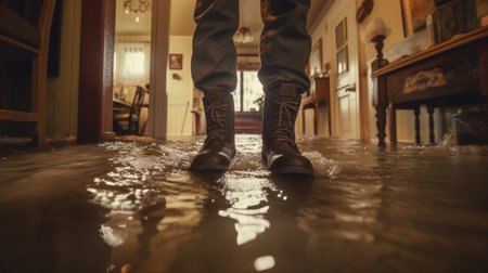 close up of a man in rubber boots stands in a flooded house.の素材