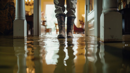 close up of a man in rubber boots stands in a flooded house.の素材