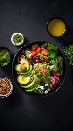 Healthy take away food and drinks, Fresh salad, soup, poke bowl, fruits, coffee and juice. top view.の素材