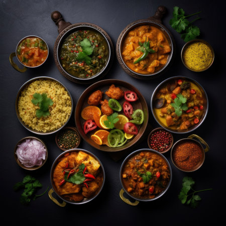 Indian food in bowls on dark table. top view.の素材