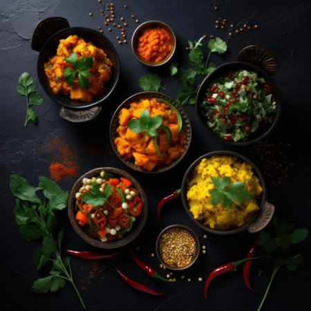 Indian food in bowls on dark table. top view.の素材