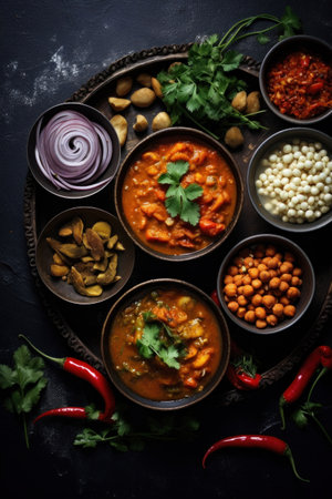 Indian food in bowls on dark table. top view.の素材