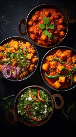 Indian food in bowls on dark table. top view.の素材