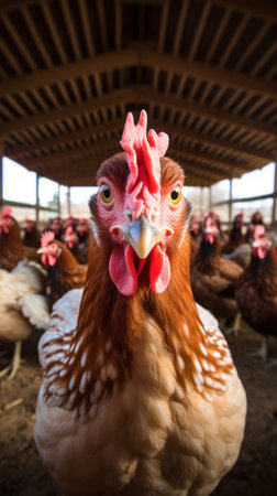 A hen lays eggs at a chicken coop in a group of chickens at a bio farm.の素材