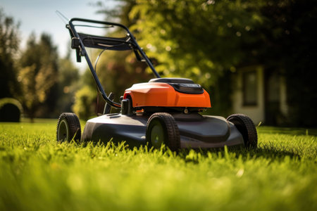 A lawn mover on green grass in modern garden. Machine for cutting lawns.の素材