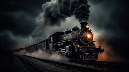 A vintage steam powered railway train in smoke. Steam locomotive with wagon drives in steam and smoke.の素材