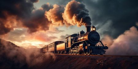 A vintage steam powered railway train in smoke. Steam locomotive with wagon drives in steam and smoke.の素材